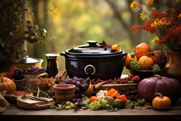 Wall Mural - slow cooker in autumn setting with seasonal ingredients