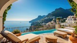 Fototapeta  - Exquisite villa perched on the stunning Amalfi Coast of Italy, offering unparalleled vistas of the glistening Mediterranean Sea and terraced cliffs