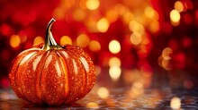 Glass Pumpkin For Festive Celebration Of Halloween, Fall, Harvest, Thanksgiving. Orange Shiny Pumpkin Card For Luxury Greetings, Invitation.