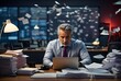 © Hq Visual Studio - Handsome frustrated bussines man with grey hair sitting in his Office with piles of paperwork around, bussines concept, ai generative content