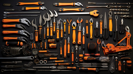 Wall Mural - knolling, tool kit: wrenches, screwdrivers, pliers, and other tools organized for diy enthusiasts