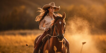 Cowgirl In Riding Clothes, In The Field, Beautiful And Fit Woman