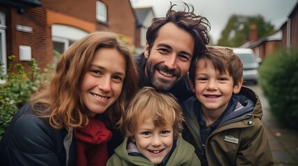 Family in UK in front of a house