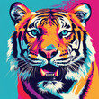 Illustration of a fierce tiger's face up close against a vibrant blue backdrop