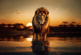 Portrait of a lion standing in water at sunset