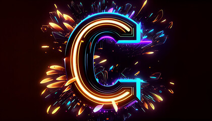 Beautiful abstract futuristic neon letter C logo, glowing neon sign, Ai generated image 