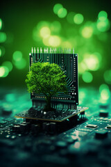 Tree growing on the converging point of computer circuit board. Green computing, Green technology, Green IT, CSR, and IT ethics. Concept of green technology. Environment green technology. High quality