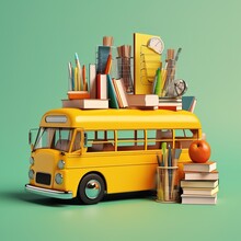 Yellow School Bus With School Supplies On The Roof. Generative AI