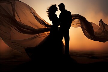 Wall Mural - Silhouette man and woman in love. silk dress, background nature beach