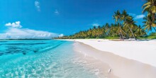 Beautiful Beach Banner. White Sand And Coco Palms Travel Tourism  ,blue Sky  , Generative AI