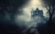Creepy haunted house isolated in the forest with fog swirling around it