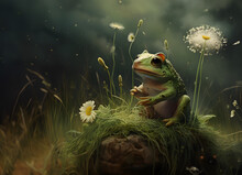 Little Beauty Frog Sitting On The Ground On Green Grass With White Flowers And Thinking About Raining. Nature Realistic Concept.