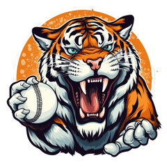 Wall Mural - Angry tiger mascot with a baseball ball