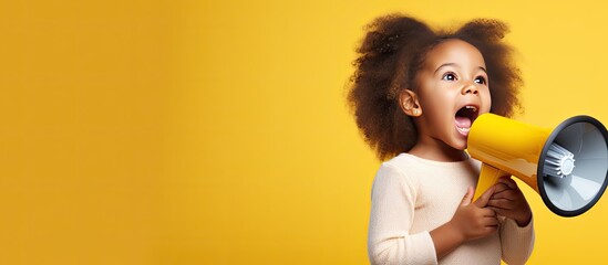 african american girl shouting sharing news with copy space on yellow studio background