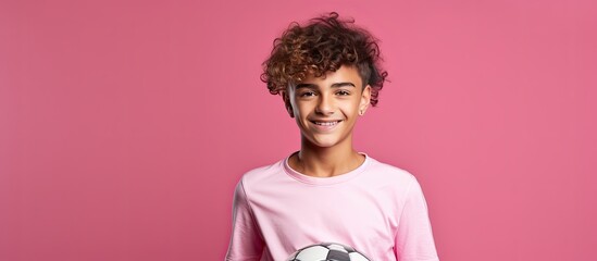 Sticker - Arabic boy holding soccer ball in pink background with space