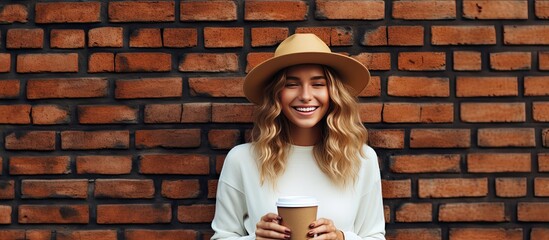 Poster - A content freelancer by a wall with a laptop and coffee Working remotely Text space available