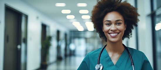 Poster - Smiling biracial female healthcare worker in hospital corridor open area for copy medical services