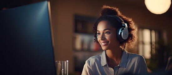 Canvas Print - Professional woman working from home wearing headset and smiling at camera with warm lighting and empty space to write