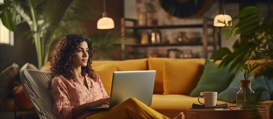 Indian woman working remotely from home on laptop mockup for website design Lady studying online indoors with portable pc free space