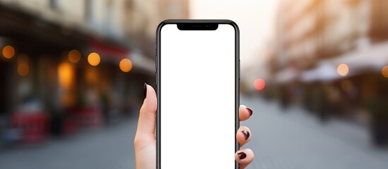 Poster - Woman s hands holding smartphone in urban setting reading text message on the screen