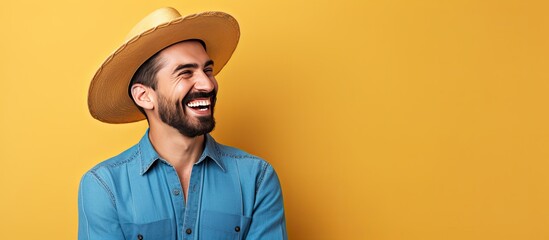 Sticker - A smiling man in a blue shirt with a beard standing alone on a yellow orange wall background Lifestyle concept Copy space available He is holding his h