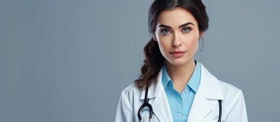 Wall Mural - Serious female doctor in medical uniform close up light background copy space