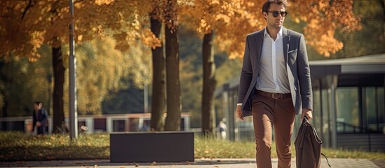 Young businessman strolling near office complex in fall in casual attire