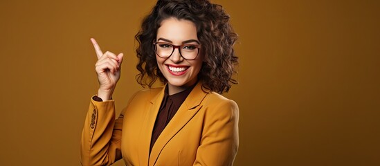 Sticker - A happy white woman with a professional look and eyewear pointing with her hand while smiling at the camera