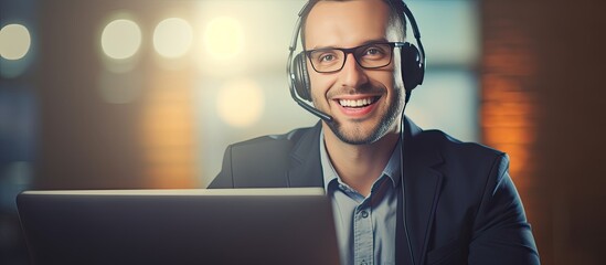 Young male call center operator smiling and using a laptop with a headset for video call posing for a portrait