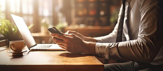 Poster - Man using smartphone businessman working on cell phone student typing on phone at desk light flare