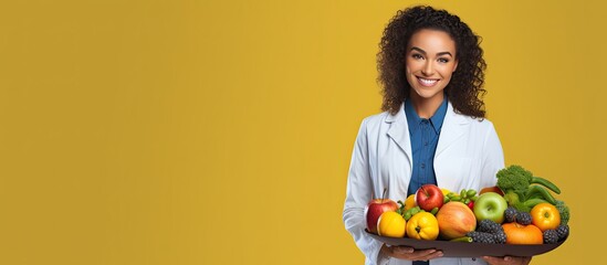 Charming doctor dressed in white holding a bowl of healthy food promoting nutrition and wellness on a yellow background