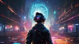 Fototapeta Konie - Picture of a cyberpunk hacker excelling in a futuristic scenario, encircled by holographic interfaces, complex code, and immersive virtual reality elements that showcase their digital prowess