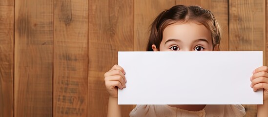 Aufkleber - Happy girl behind empty advertisement board on brown background