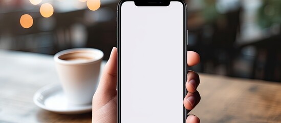 Poster - A woman texting on a mobile phone at a coffee shop with a blank white screen mockup