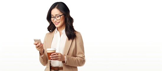 Poster - Asian woman using smartphone app while holding coffee and wearing glasses isolated on white background