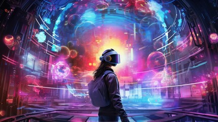 Poster - Picture of a cyberpunk hacker excelling in a futuristic scenario, encircled by holographic interfaces, complex code, and immersive virtual reality elements that showcase their digital prowess