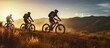 canvas print picture - Three friends on electric bicycles enjoying a scenic ride through beautiful mountains