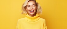 Blonde Woman With White Teeth Happy Expression And Dressed Casual Poses For Promotion On Yellow Background