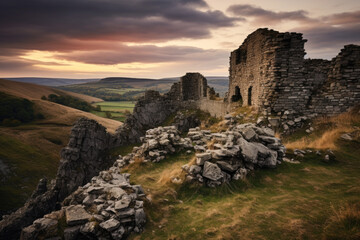 a ruined castle on a hilltop overlooking a valley. the castle is made of stone and is in a state of 