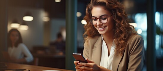 Poster - Young businesswoman smiling using smartphone in office near computer with empty space