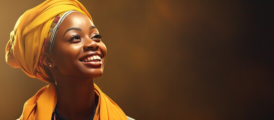 Canvas Print - Smiling African woman looking away at blank area in picture