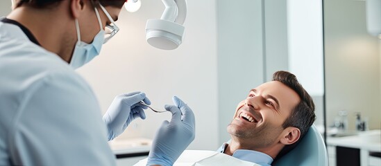 Young male dentist examining mature male patient in dental clinic with dental tools Wide image with copy space on right side