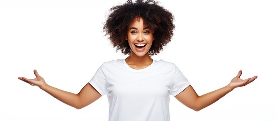 Poster - African American woman in t shirt pointing with open hands smiling excitedly with copy space