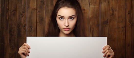 Canvas Print - Attractive girl with blank white banner on brown background for design