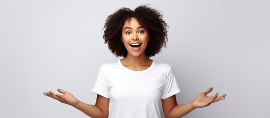 Poster - African American woman in t shirt pointing with open hands smiling excitedly with copy space