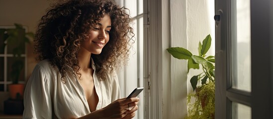 Poster - Young woman using phone by window checking dating app beautiful hair home interior