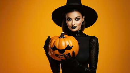 Magician woman wearing black costume and halloween makeup holding carved pumpkin, isolated over yellow background