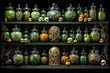 Shelves of green Halloween potions, witch apothecary jars, glass, skulls, spooky