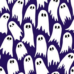 Wall Mural - Hand drawn doodle line art seamless pattern with funny spooky halloween different white ghosts on purple background.October party clipart simple decoration element,fall autumn season