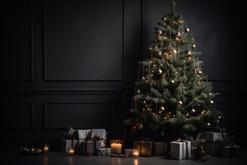 christmas tree with gifts in a beautiful interior in dark colors, lots of background, space for text